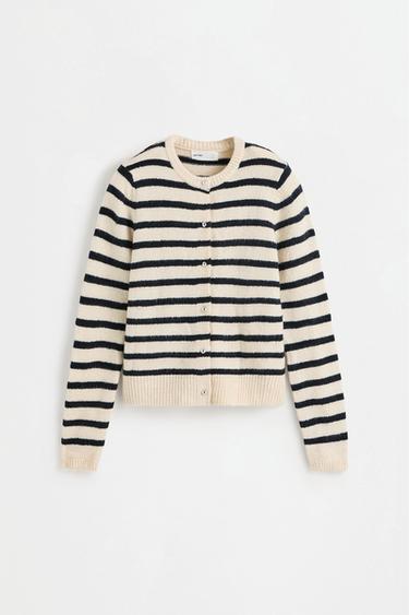 Round neck knit jacket — ECRU/NAVY 6