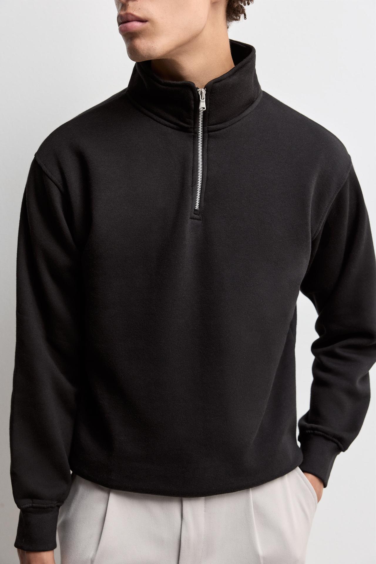 High-neck zip-up sweatshirt — BLACK