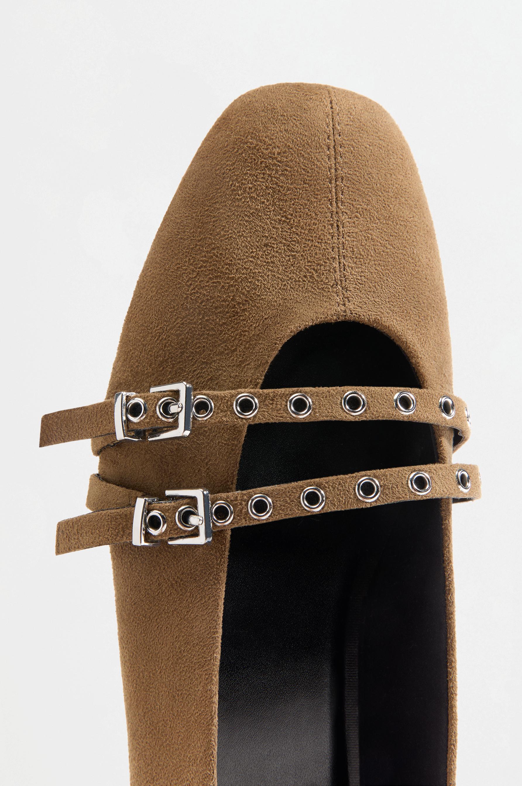 Faux suede double-buckle ballet flats — BROWN