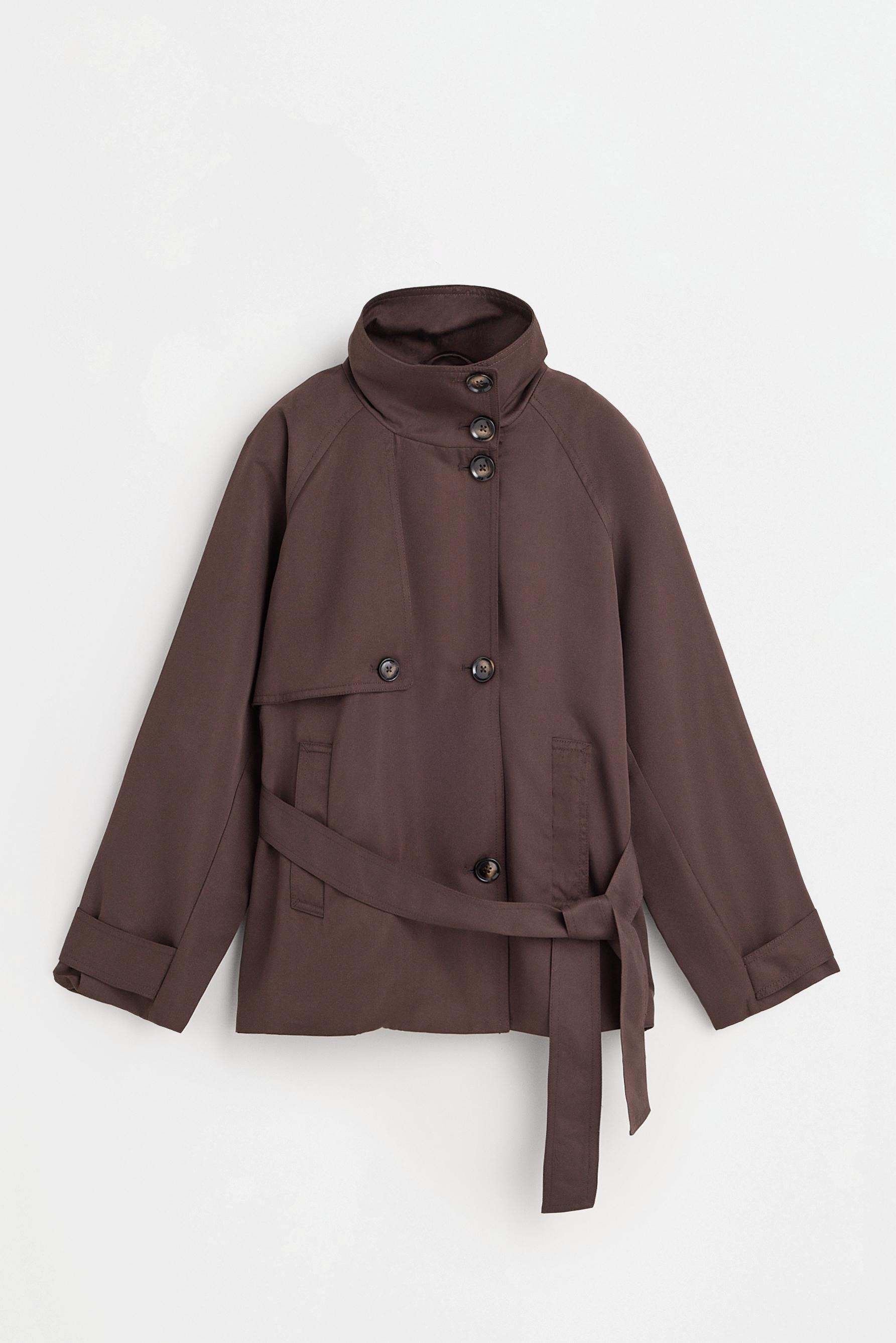 Short trench coat with tie belt — CHOCOLATE