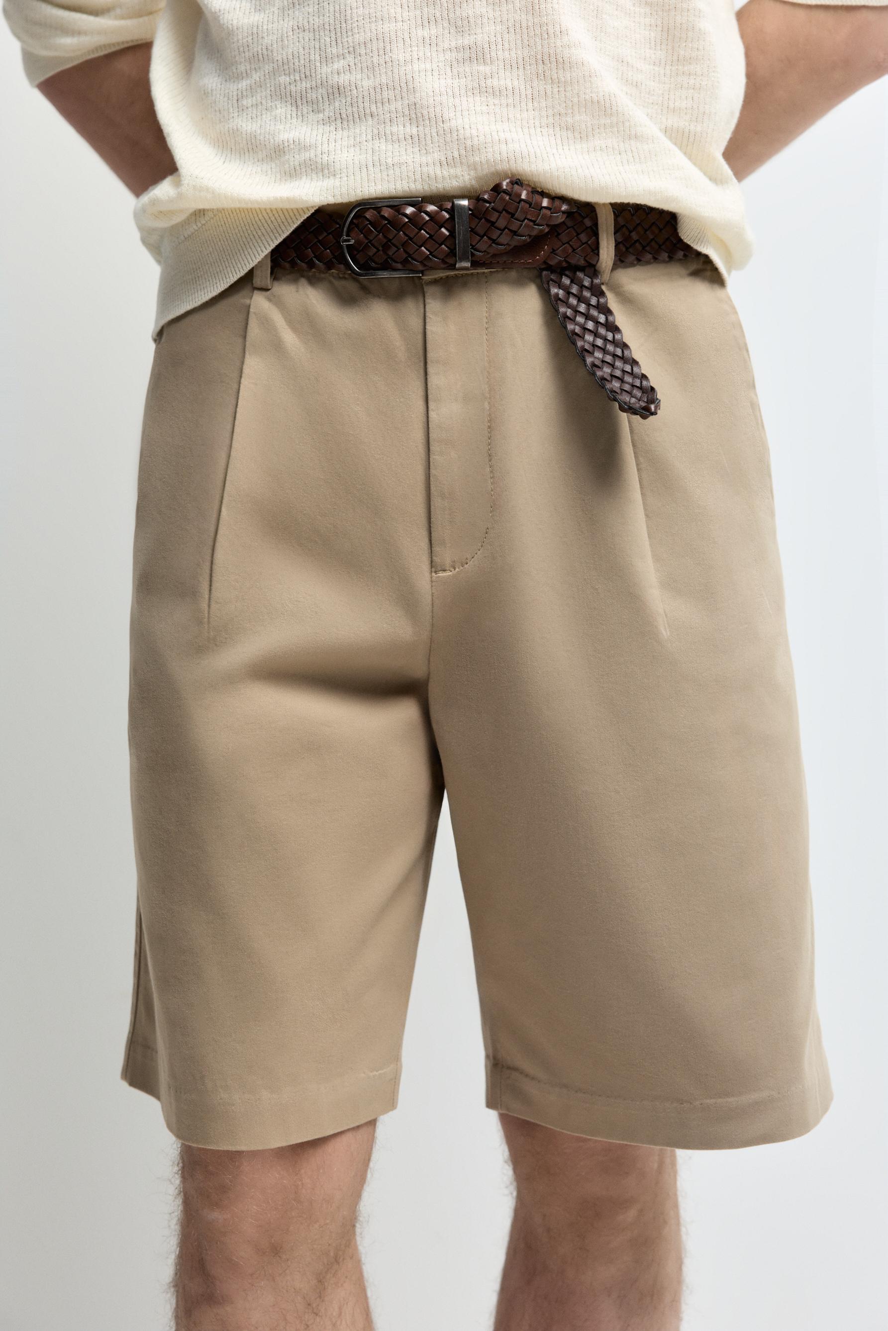 Pleated chino Bermuda shorts — SAND