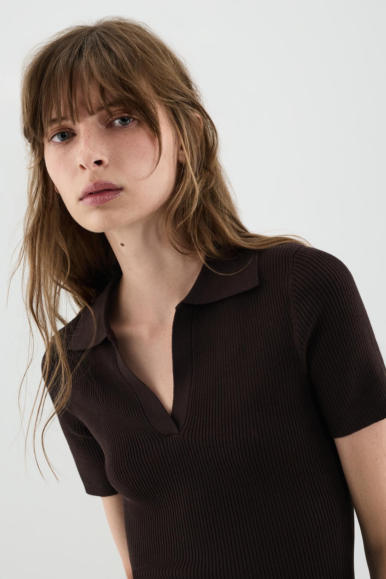 Basic rib knit polo shirt — BROWN