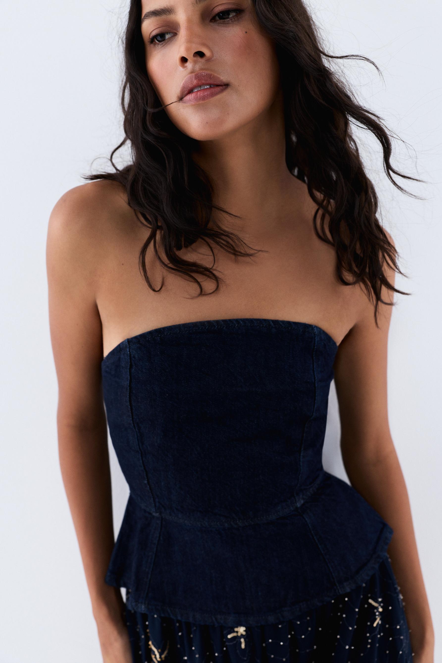 Denim peplum bandeau top — BLUE