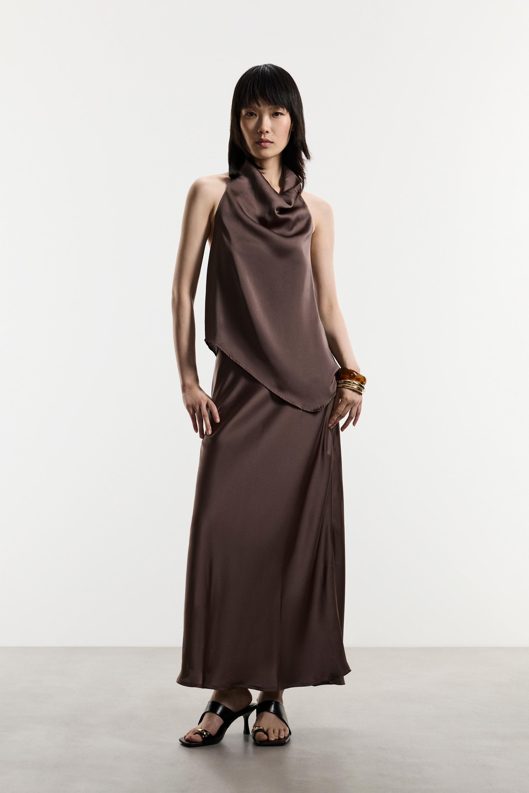 Satin midi skirt — BROWN