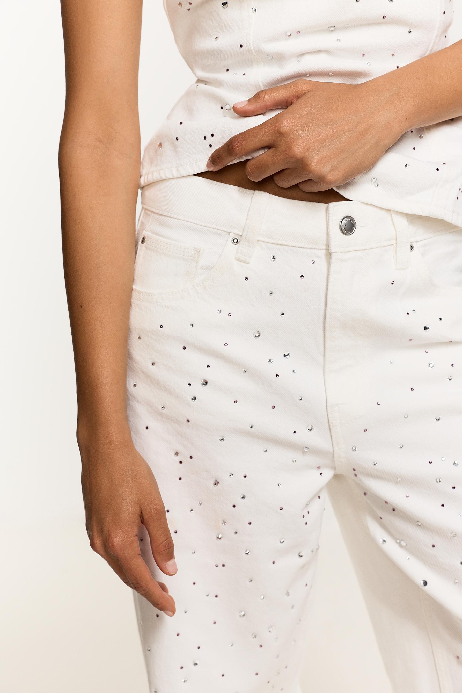 Wide-leg rhinestone jeans — WHITE