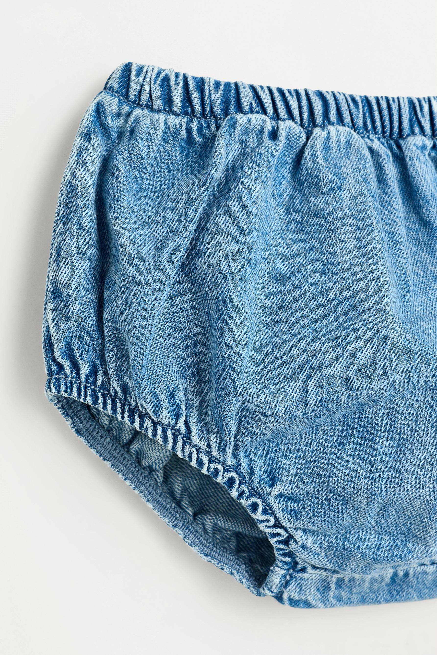 Denim pinafore dress and bloomers set — BLUE
