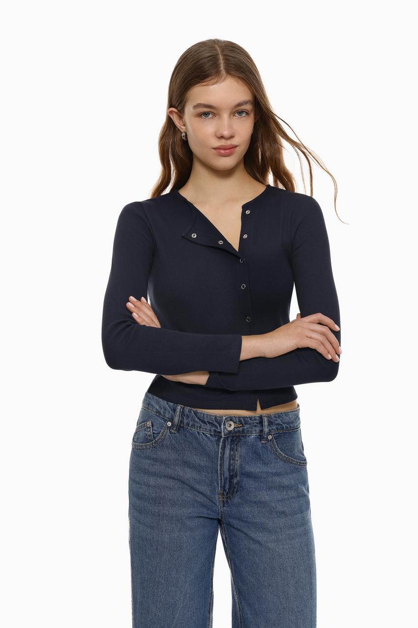 Botones Camiseta Chica Manga Larga Camiseta De Manga Larga Con