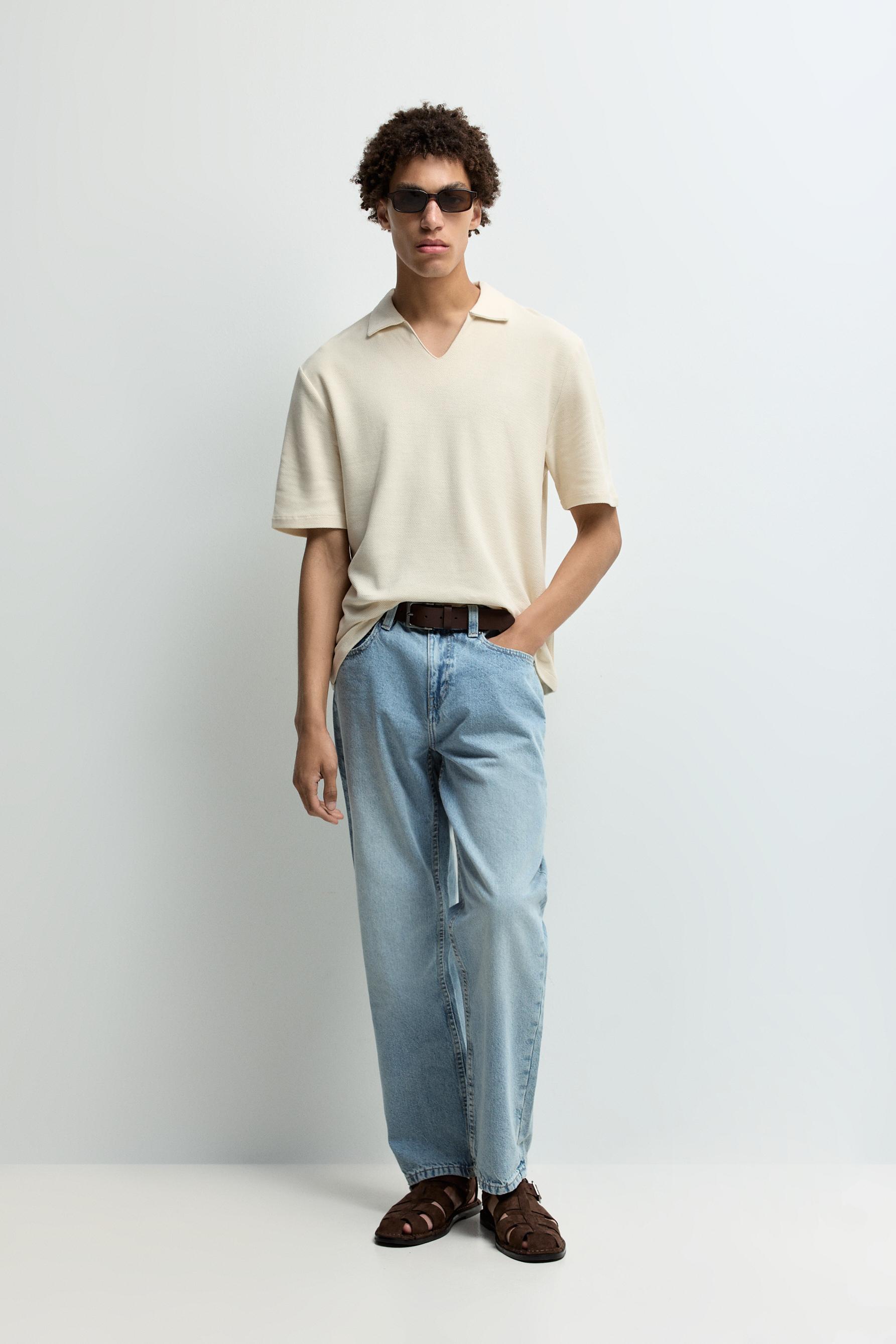 Textured V-neck polo shirt — VANILLA
