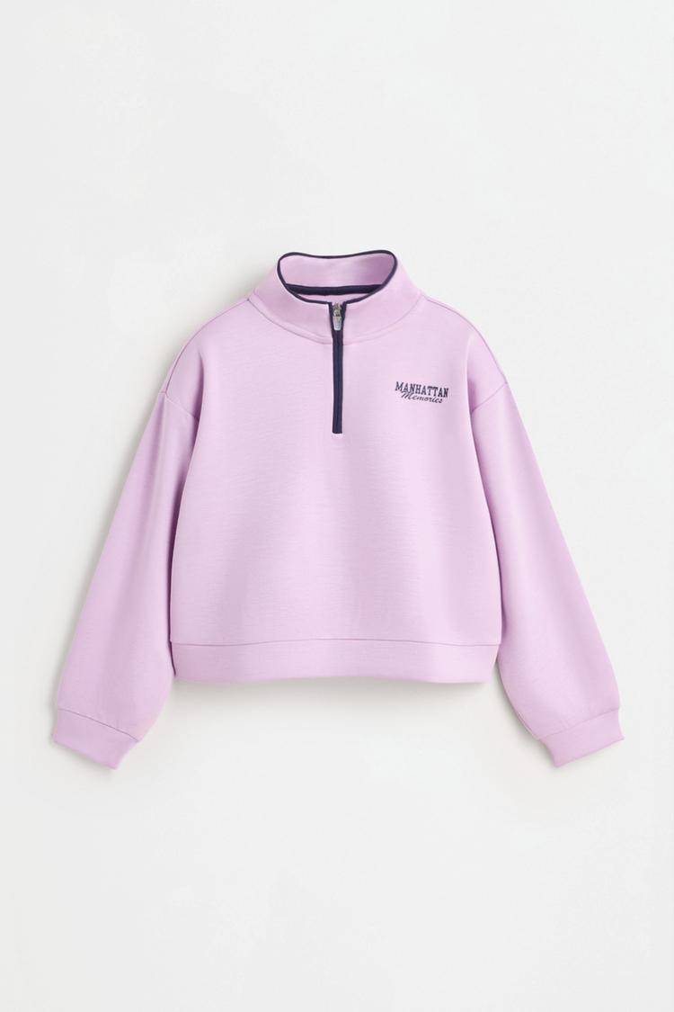 Rib-trim suede zip sweatshirt — MAUVE