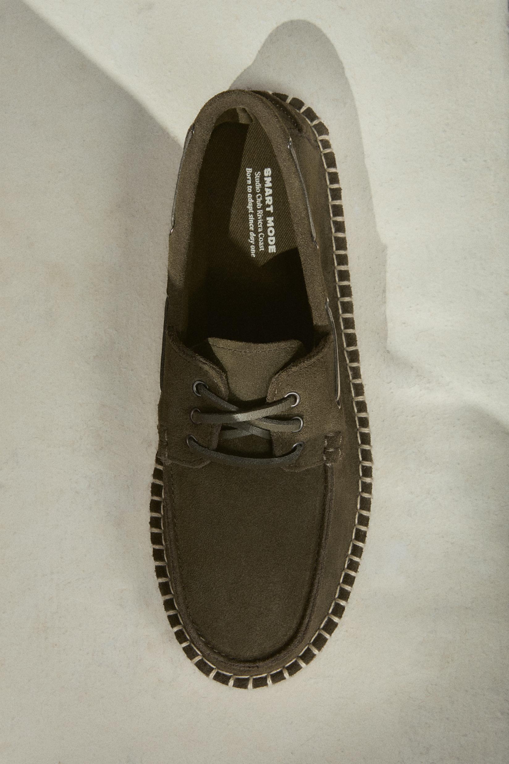 Leather boat shoe with jute effect — KHAKI