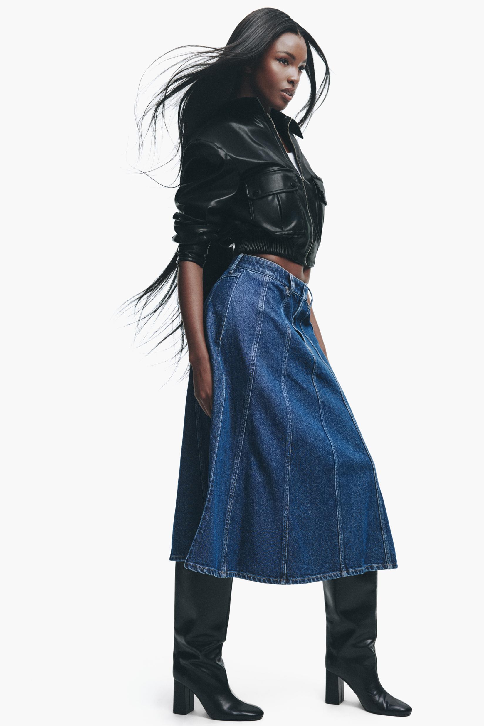 Godet denim midi skirt — BLUE MARL