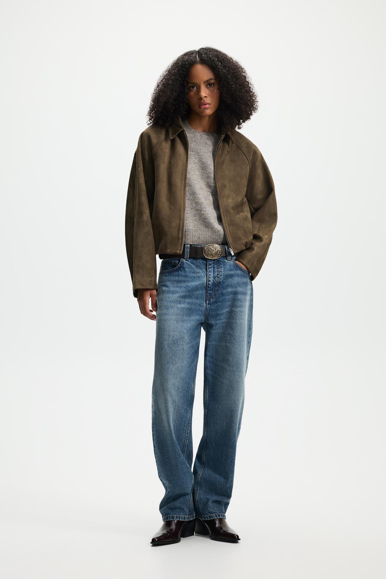 Puffed faux suede bomber jacket — DARK KHAKI