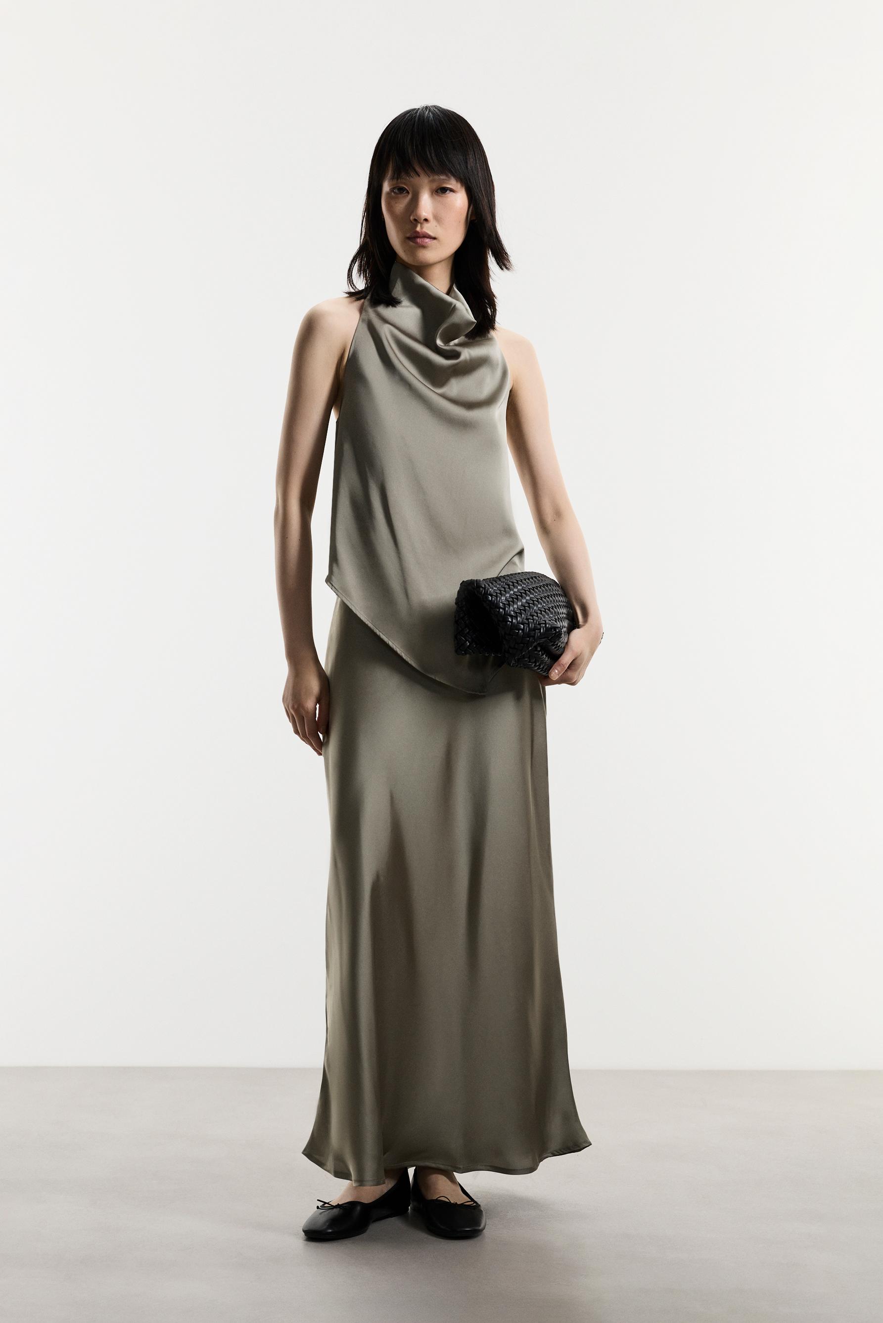 Satin midi skirt — KHAKI