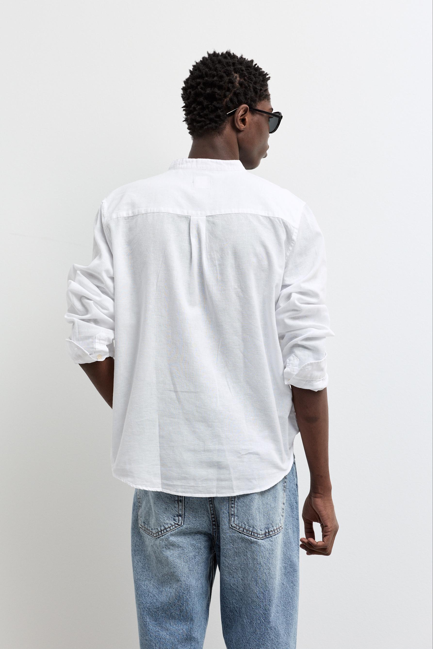 Linen and cotton stand collar shirt — WHITE