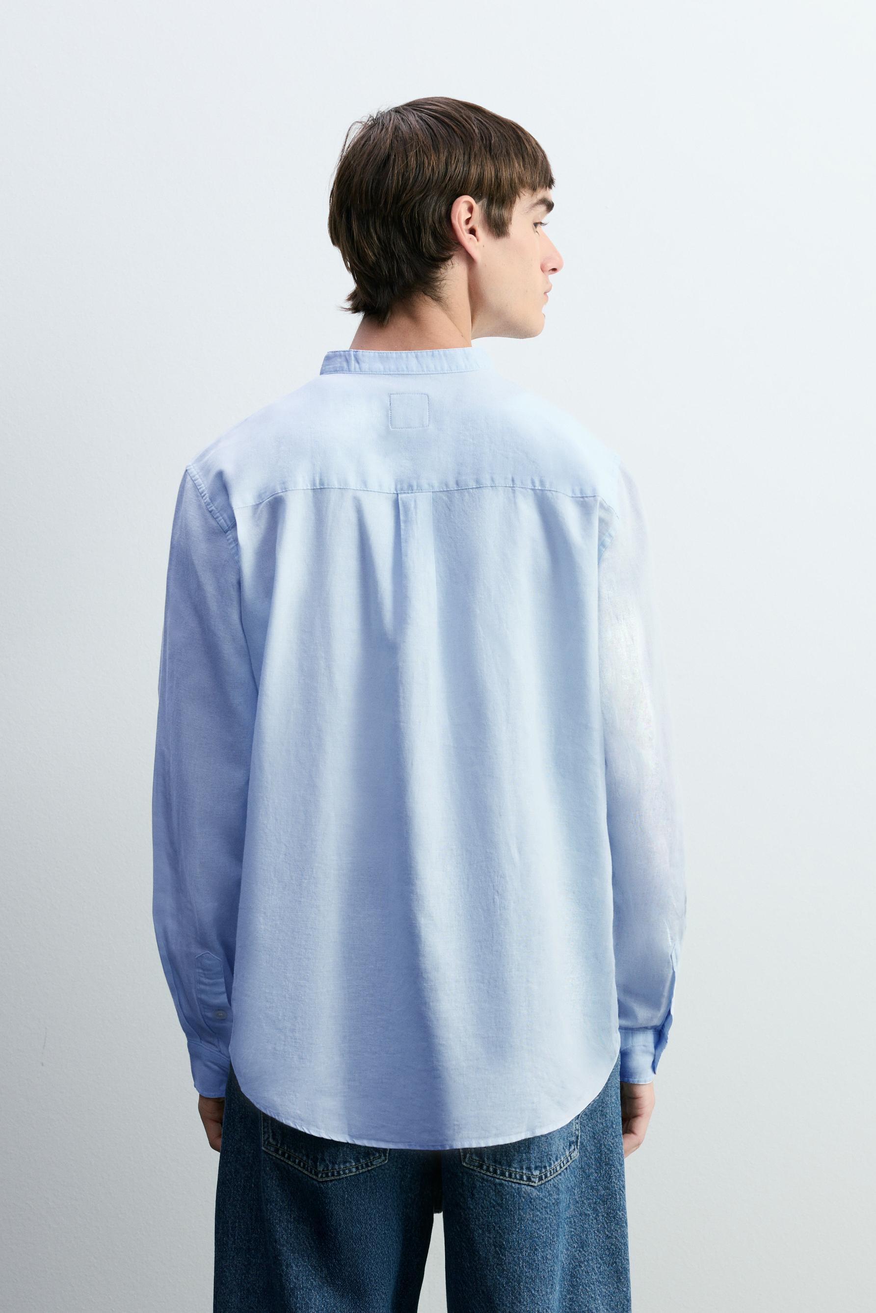 Linen and cotton stand collar shirt — SKY BLUE