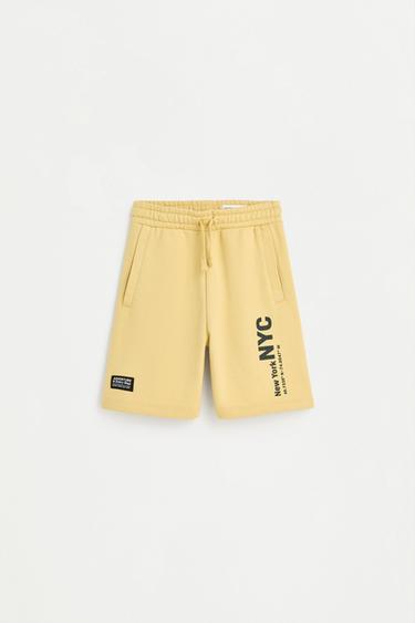 Text print plush Bermuda shorts — MUSTARD 1