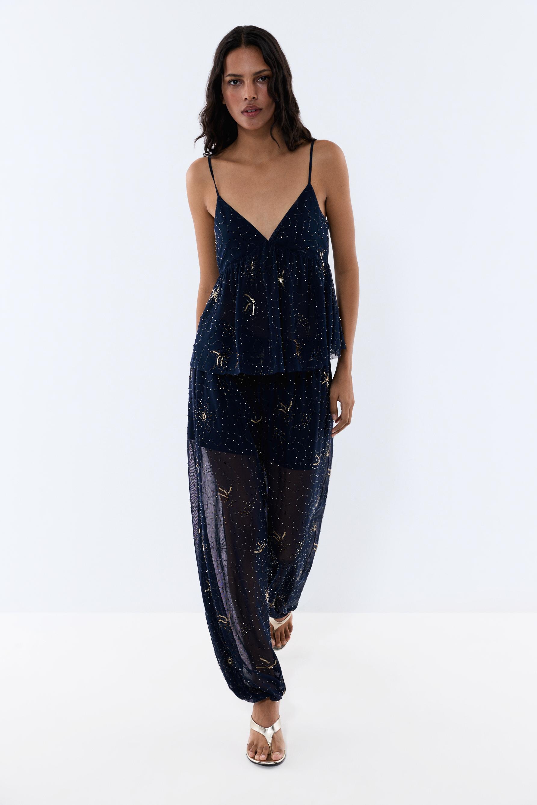 Rhinestone embroidered sarouel trousers — DARK NAVY