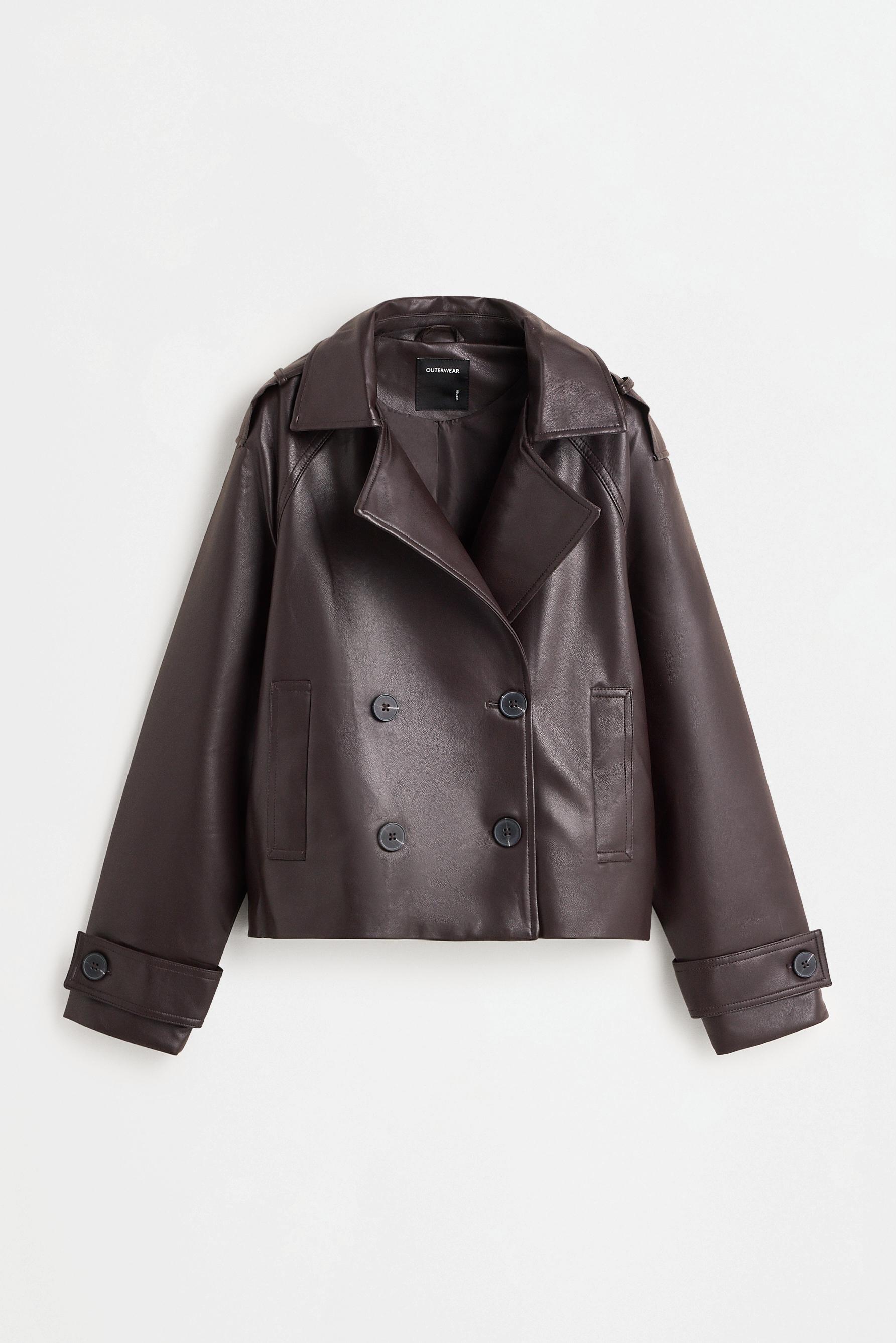 Leather effect short trench coat — DARK BROWN