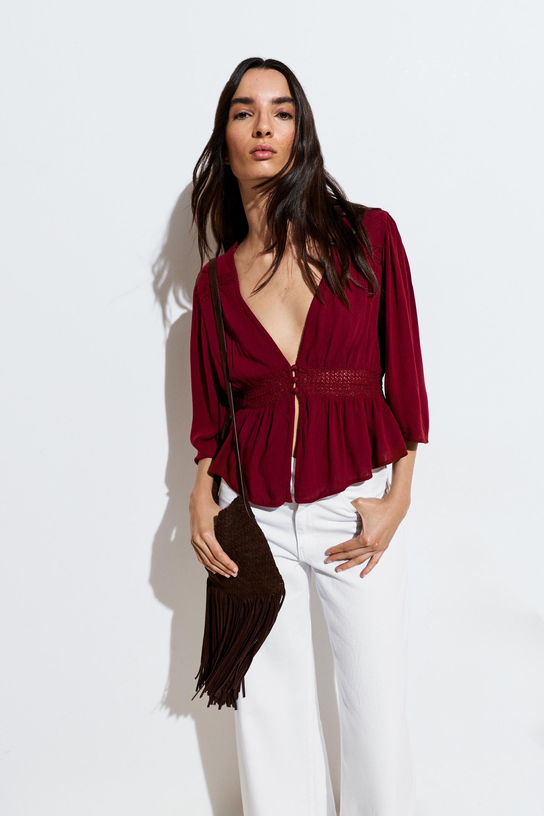 Textured shirt with lace inserts — MAROON