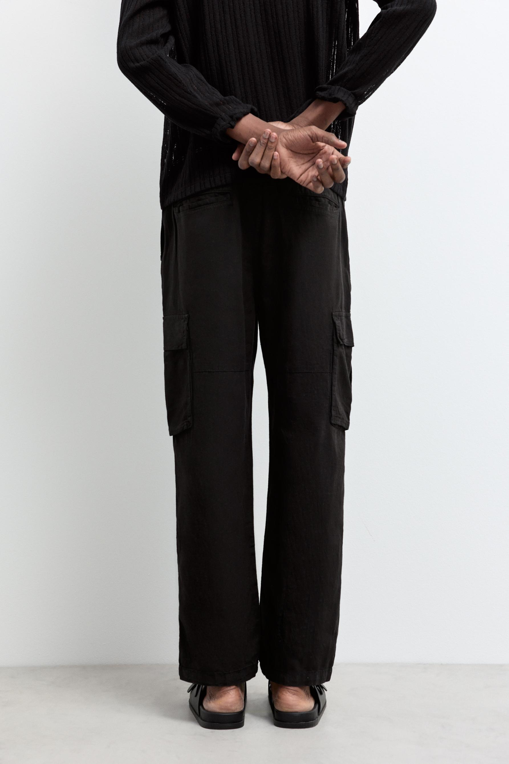 Linen-cotton cargo jogger trousers — BLACK