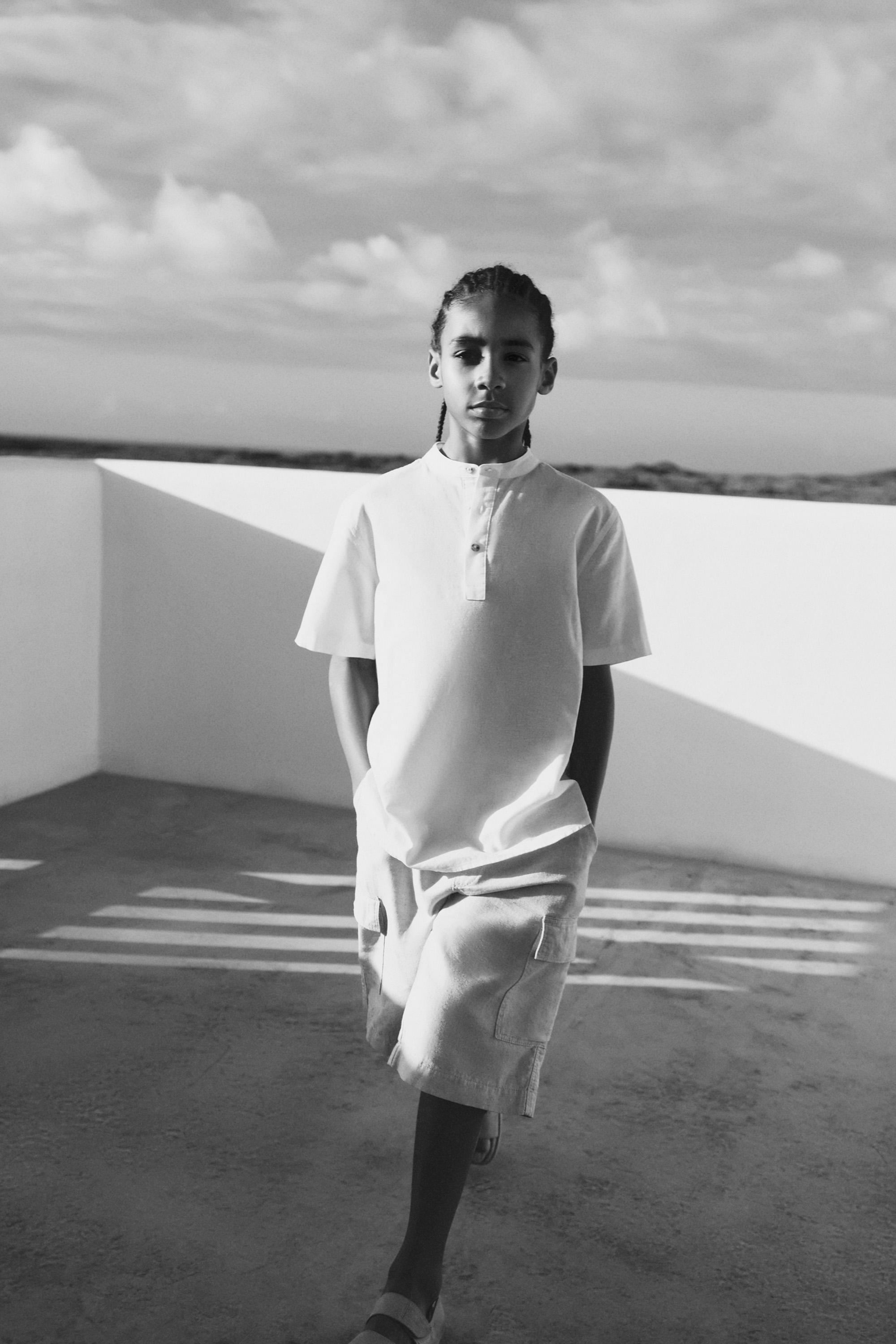Linen-cotton stand collar shirt — WHITE