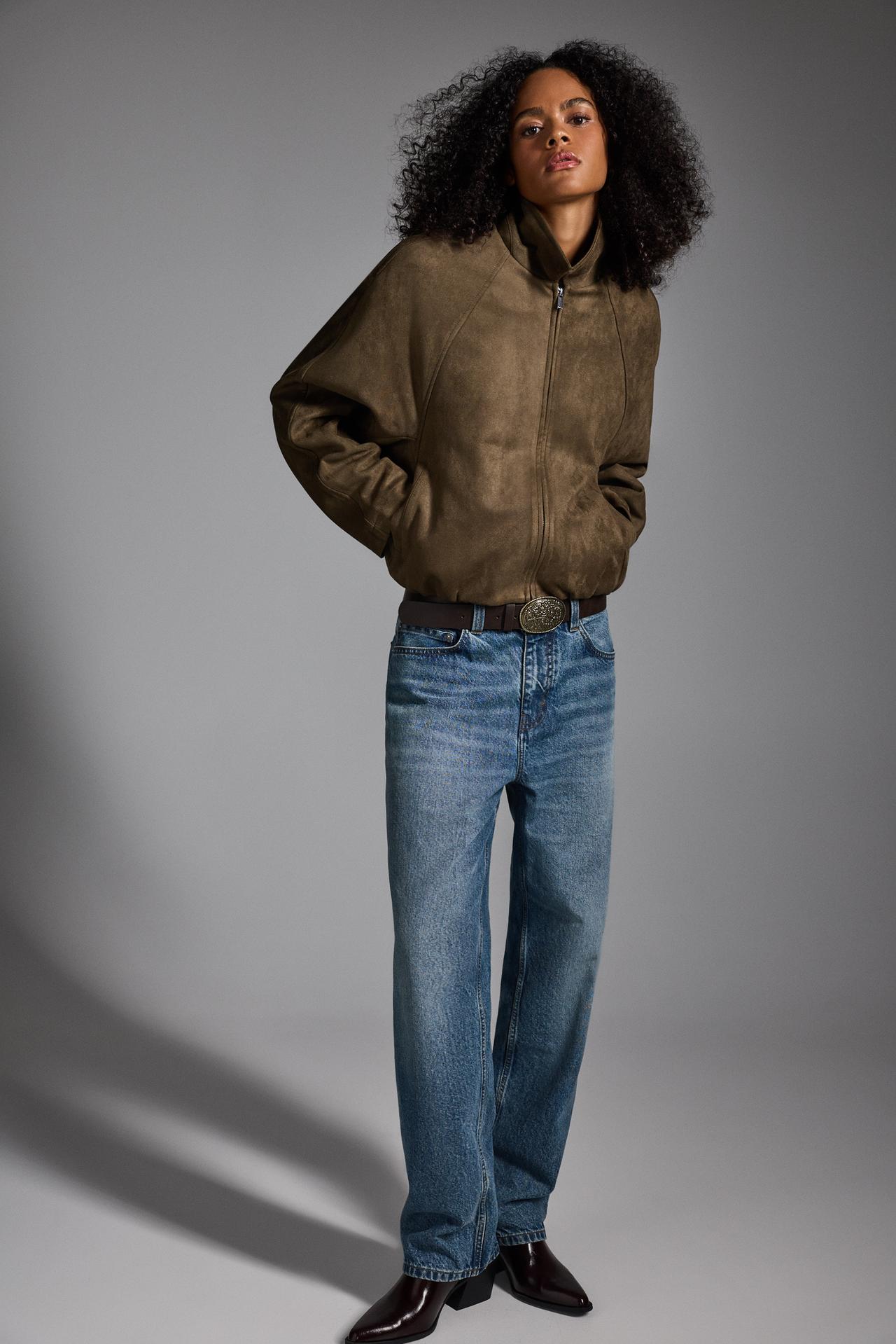 Puffed faux suede bomber jacket — DARK KHAKI