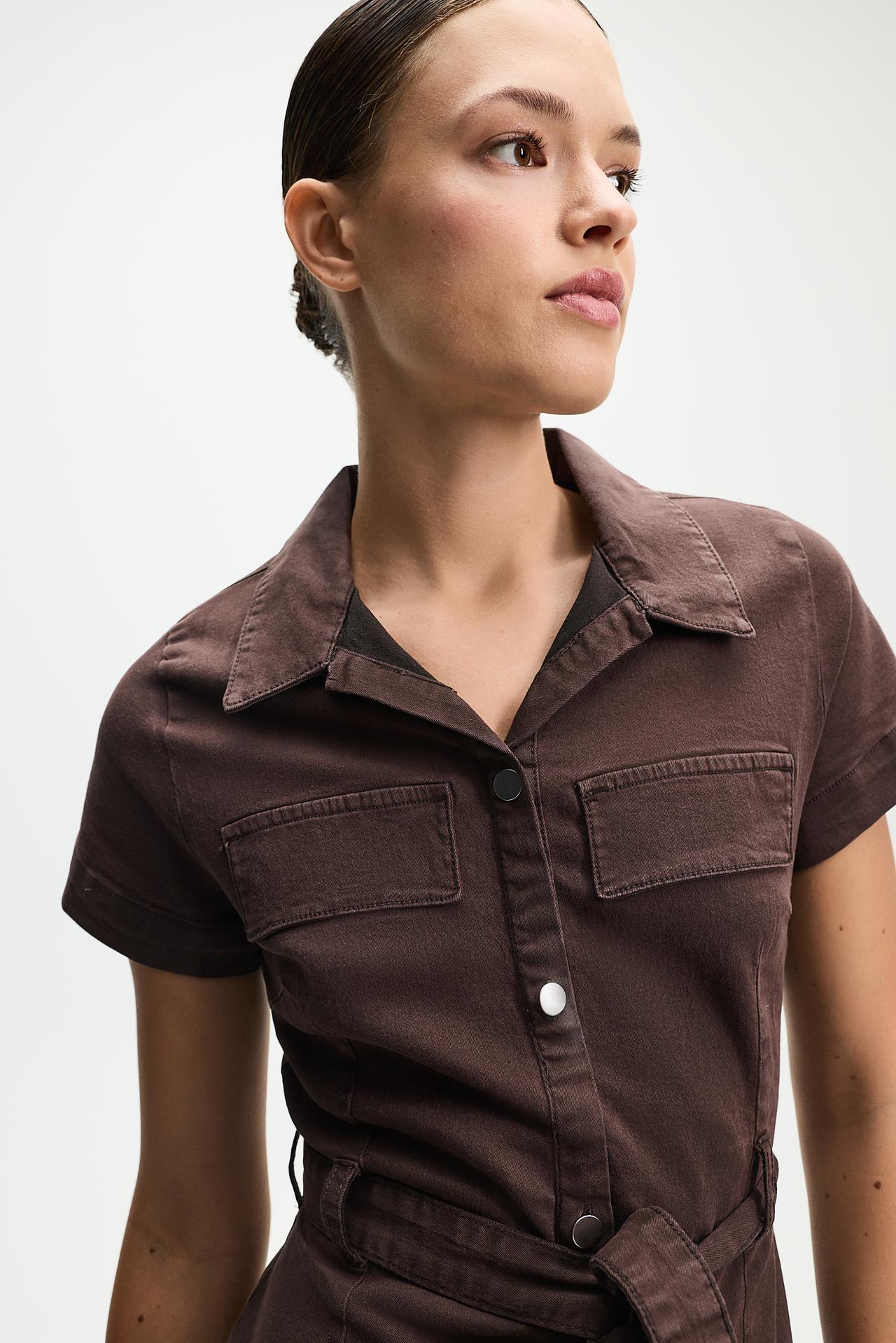 Fitted denim button-front dress — BROWN MARL