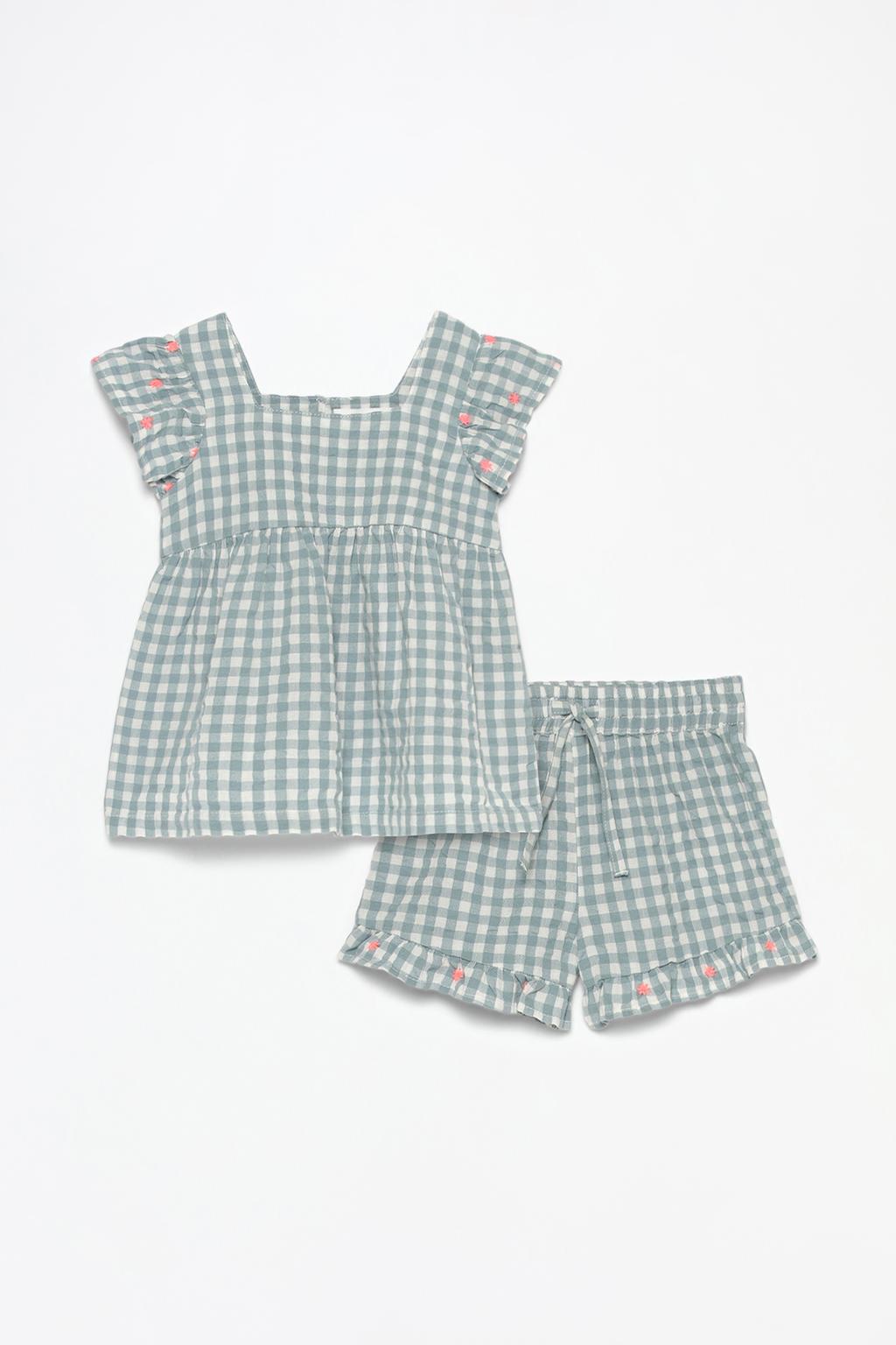 Embroidered textured blouse and shorts co-ord
