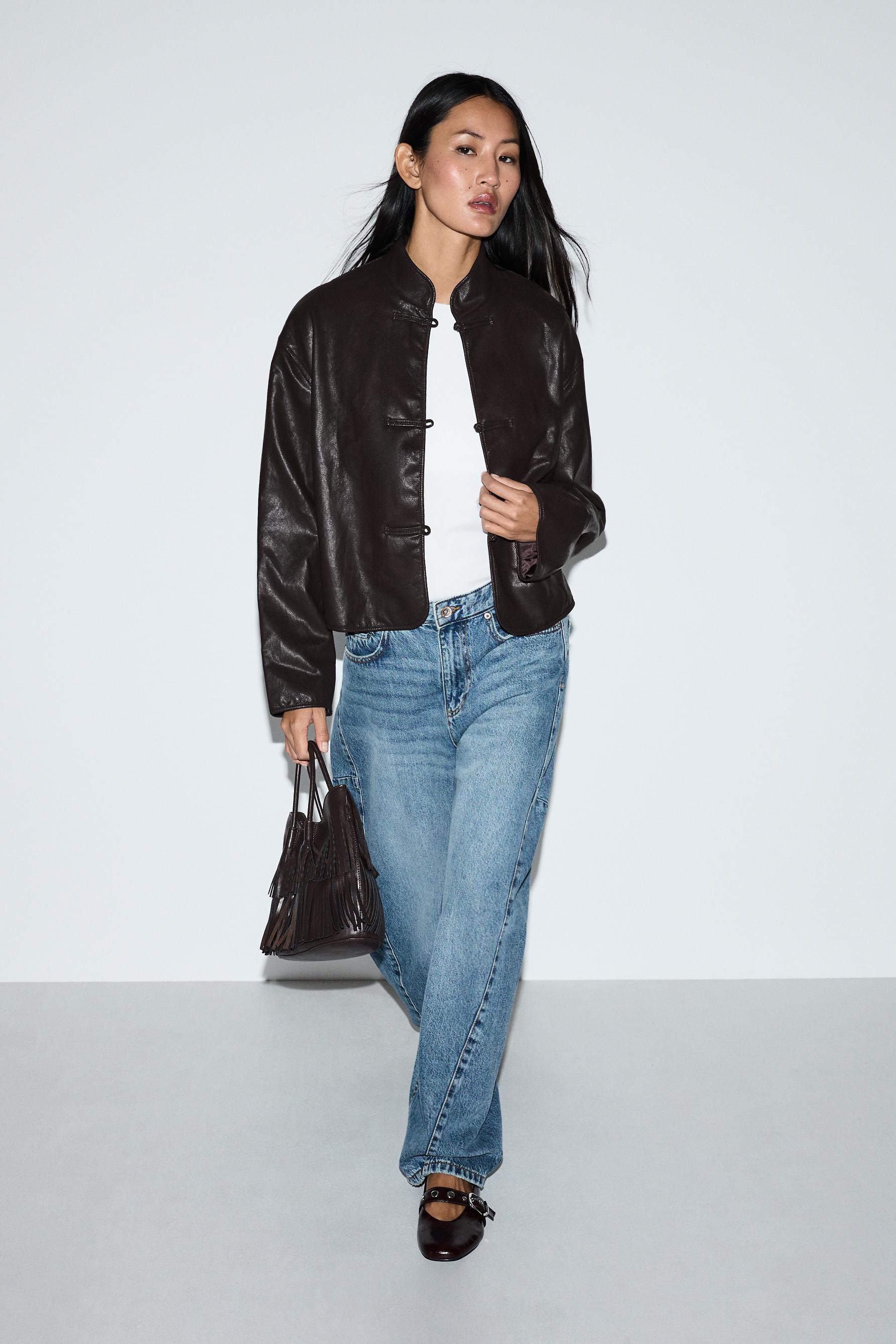 Leather effect short jacket — DARK BROWN