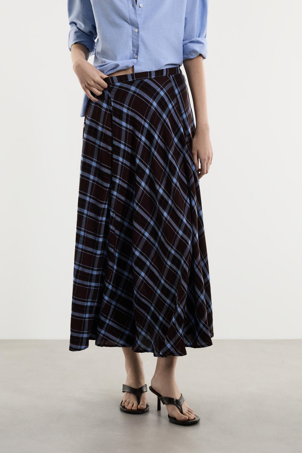 Plaid midi skirt — BROWN/BLUE