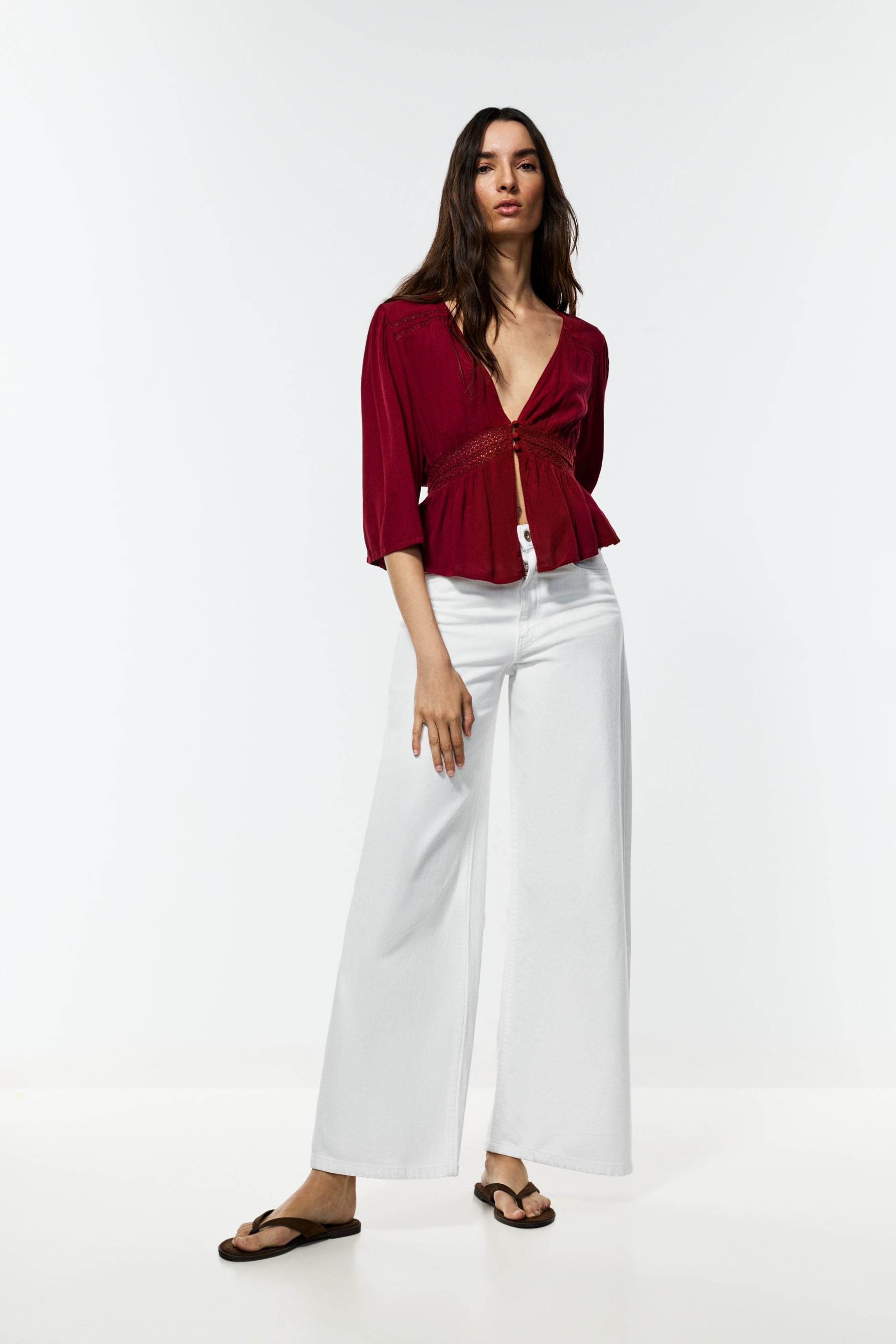 Textured shirt with lace inserts — MAROON