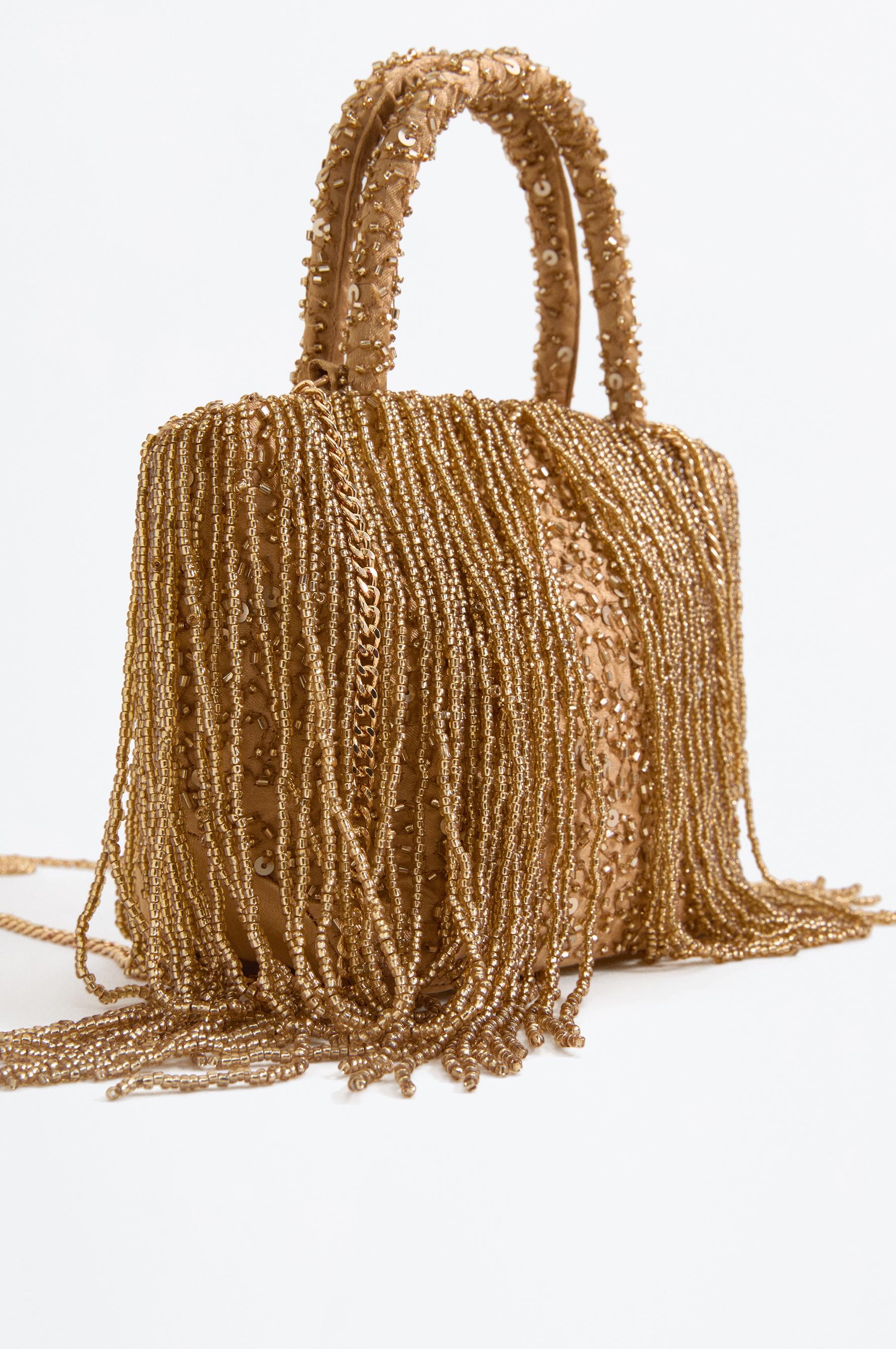 Mini shopper bag with beads and fringe — GOLD