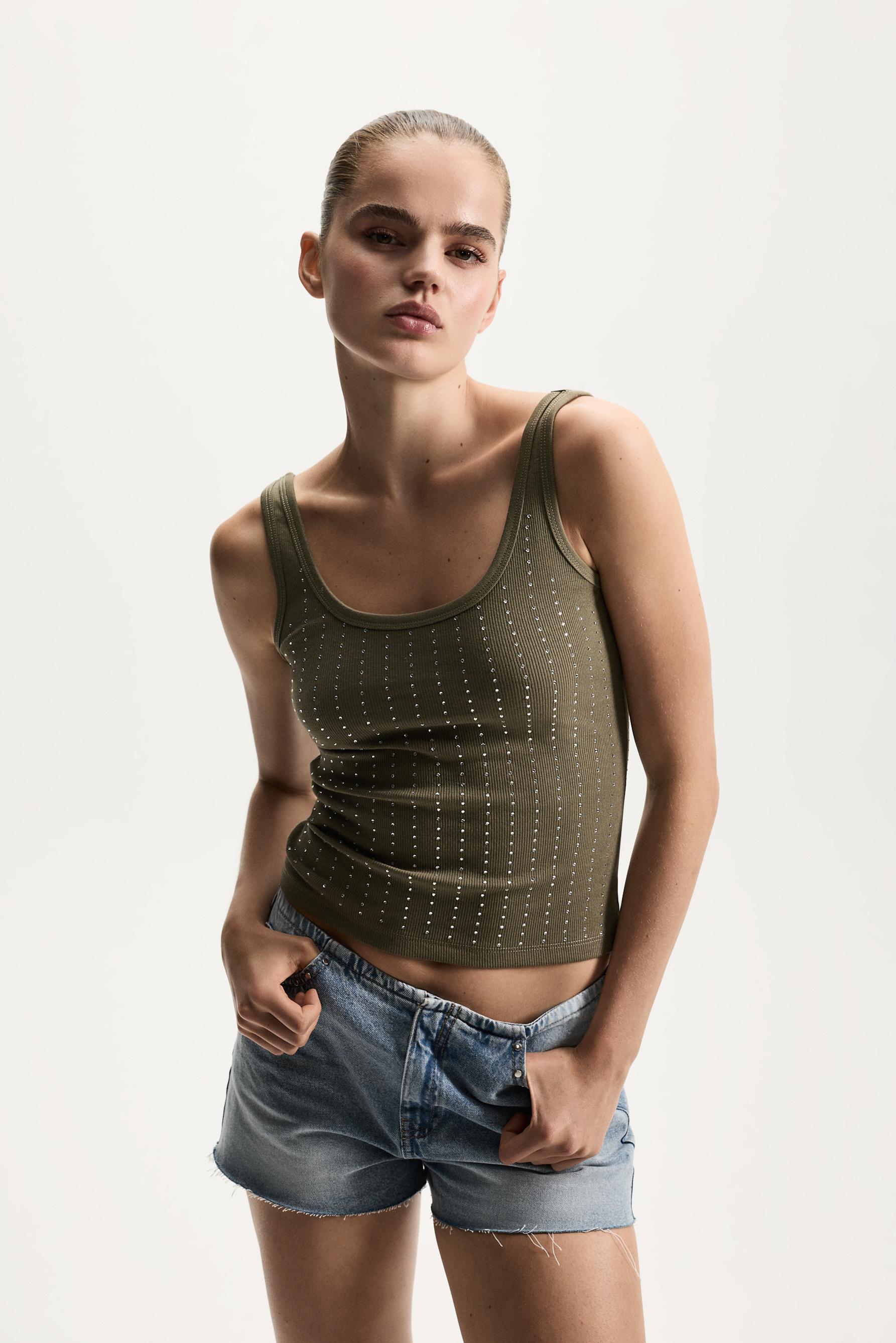 Ribbed rhinestone T-shirt — KHAKI