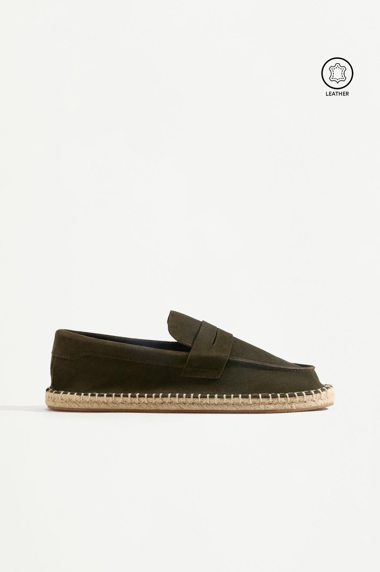 Leather moccasin with jute-effect sole — KHAKI