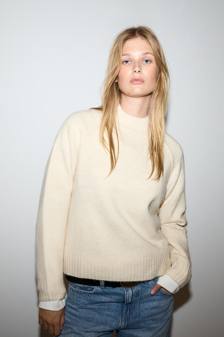 Basic spongy knit sweater — ECRU