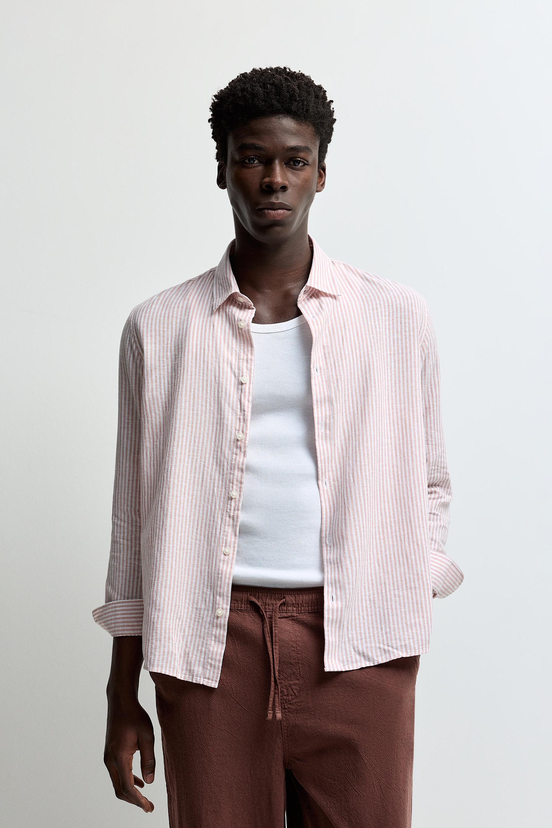 Cotton-linen striped shirt — LIGHT SALMON PINK