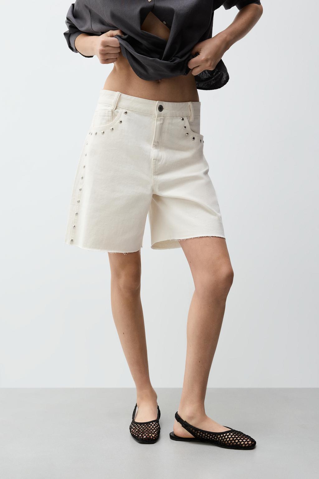 Studded denim Bermuda shorts