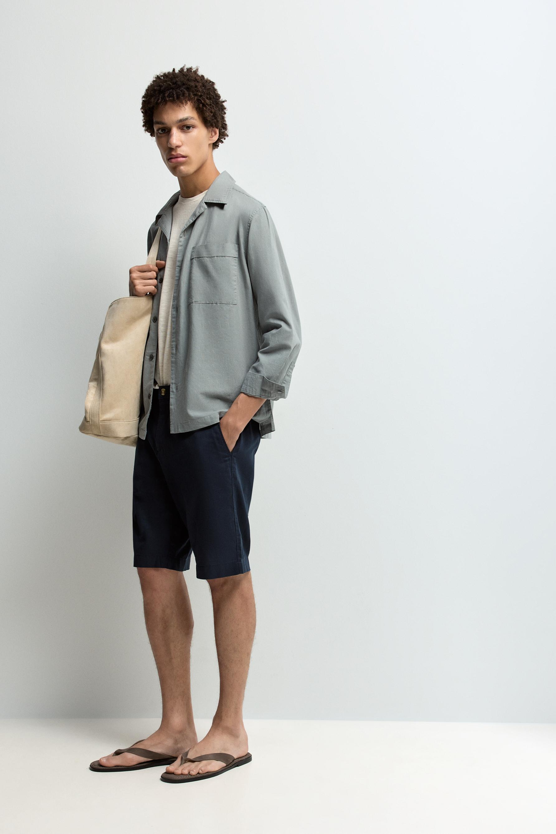 Cotton-linen chino Bermuda shorts — DARK BLUE