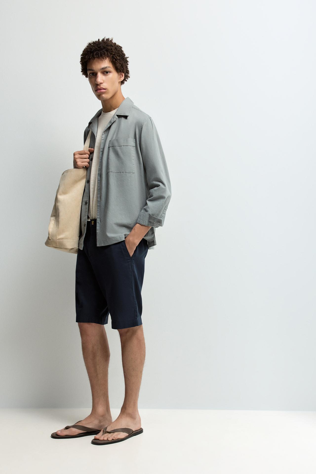 Cotton-linen chino Bermuda shorts — DARK BLUE