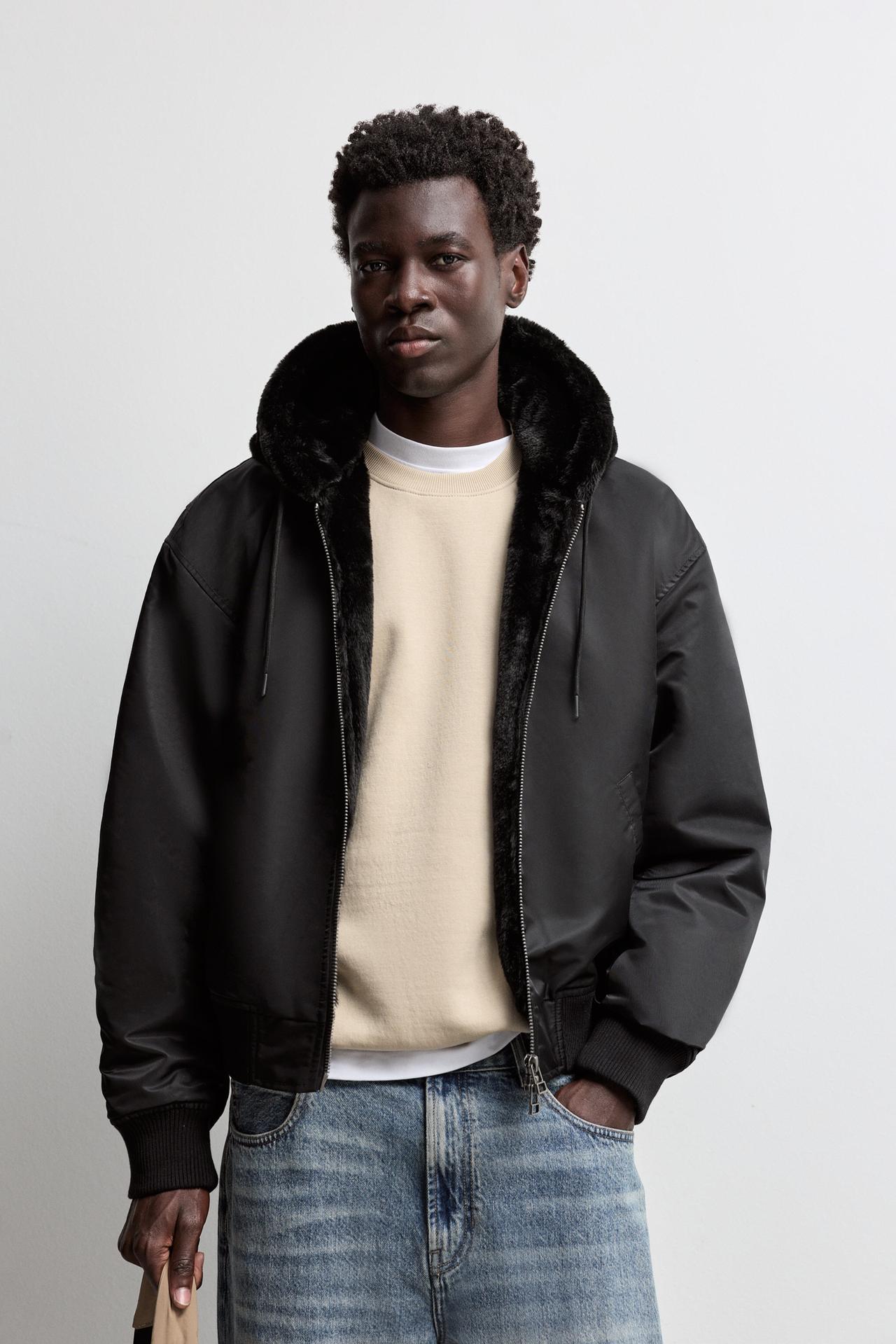 Fur bomber with hood — BLACK