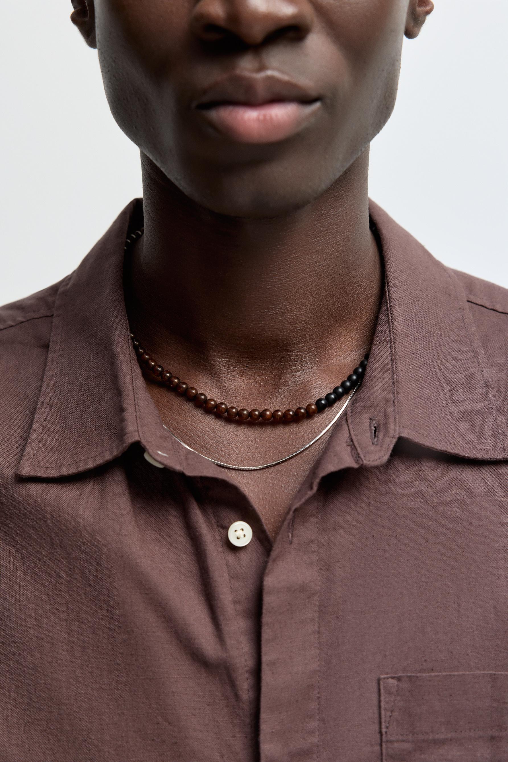 Beaded necklace and chain set — DARK BROWN