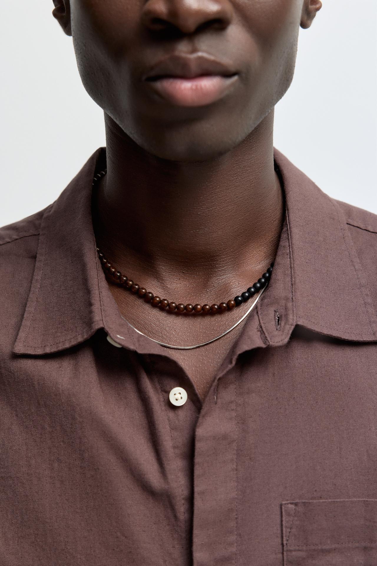 Beaded necklace and chain set — DARK BROWN