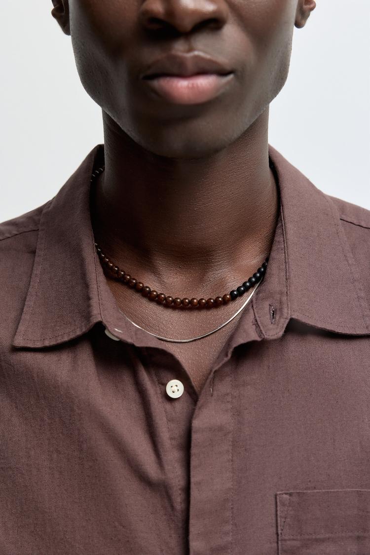 Beaded necklace and chain set — DARK BROWN