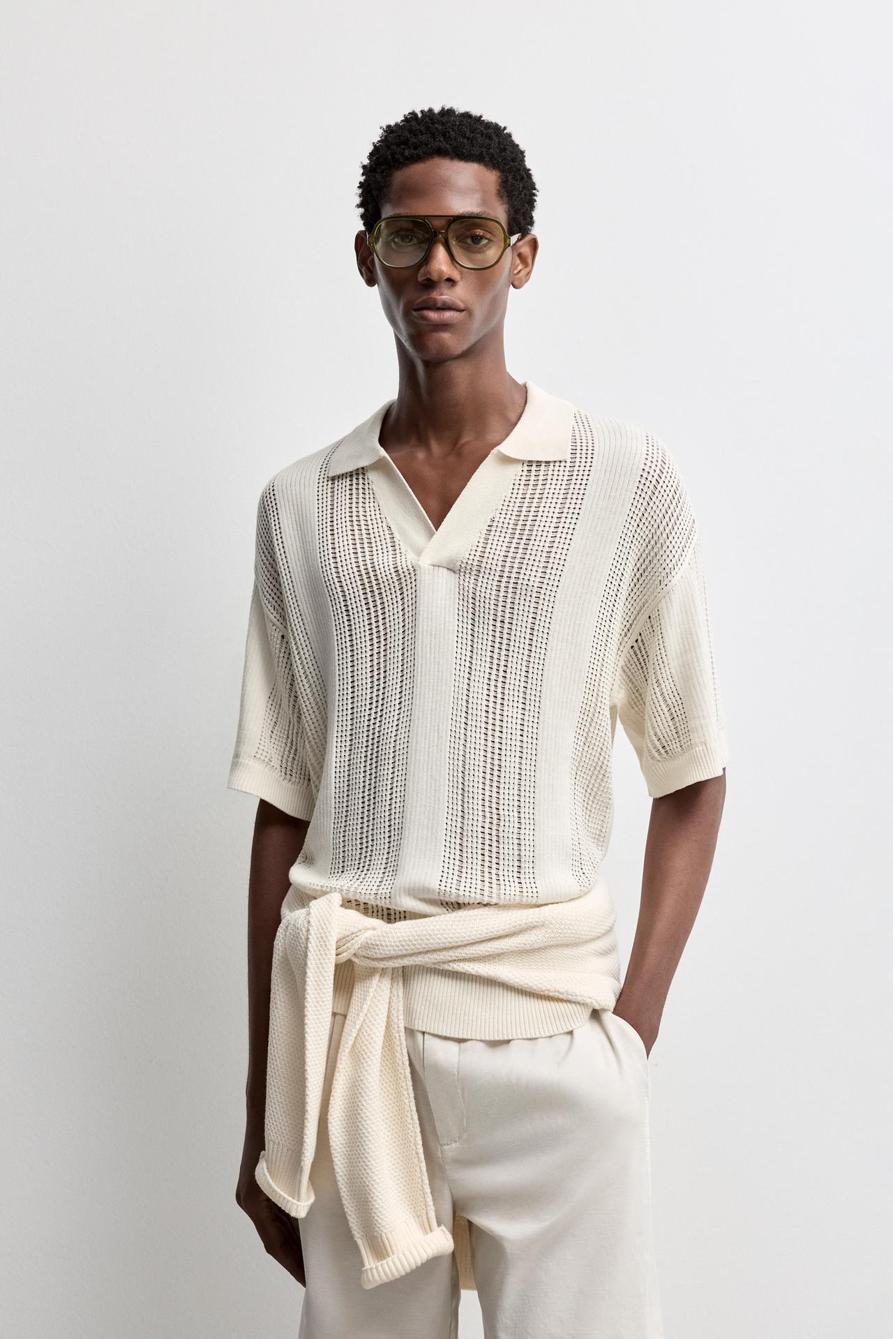 Cutwork knit polo — OFF WHITE