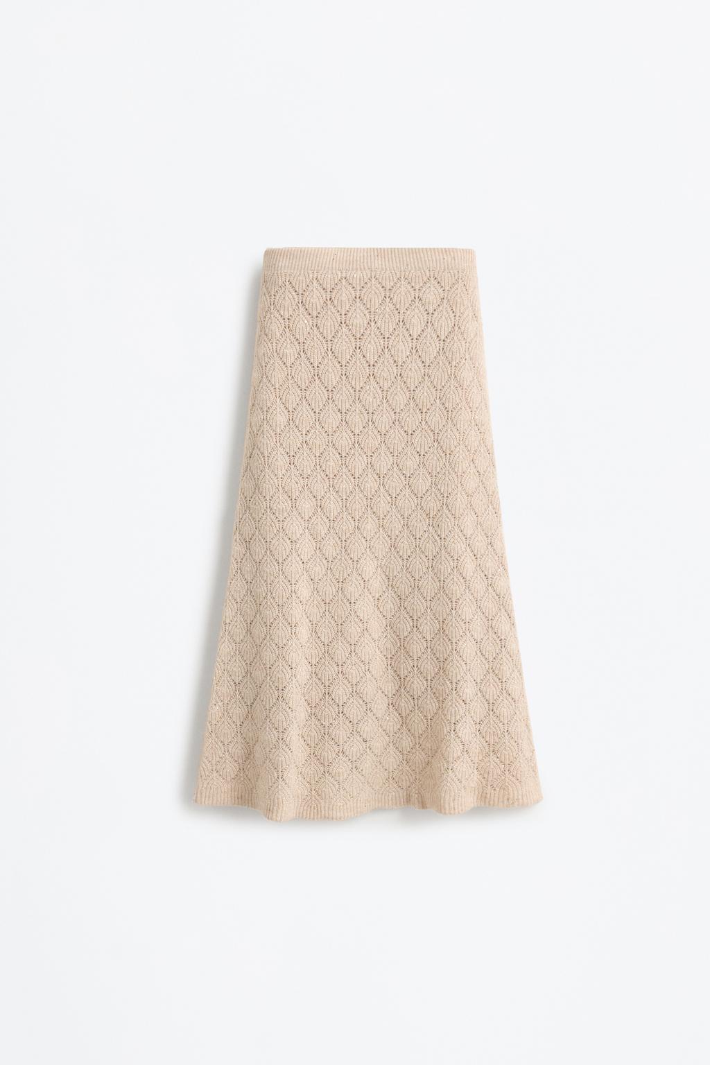 Shimmery cutwork knit midi skirt