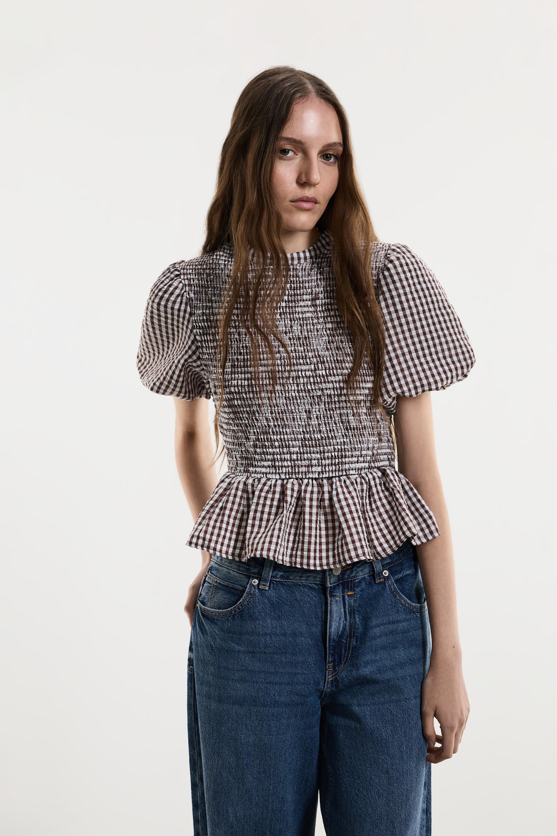 Smocked blouse — BROWN/WHITE