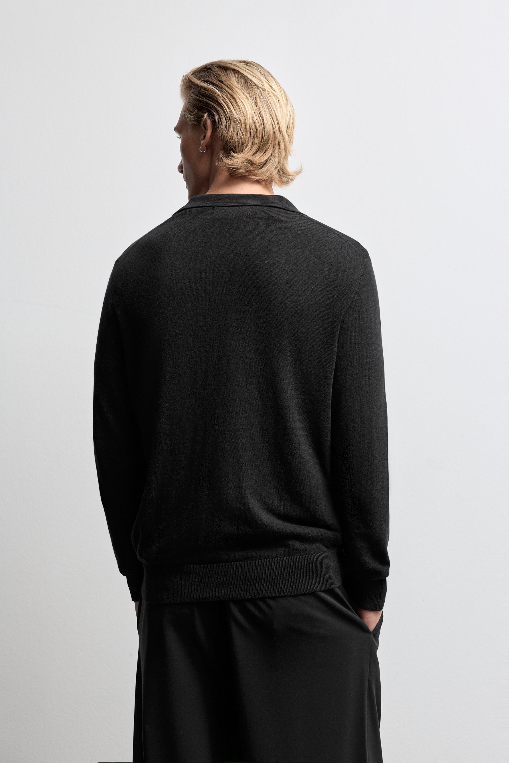 Long sleeve knit polo shirt — BLACK