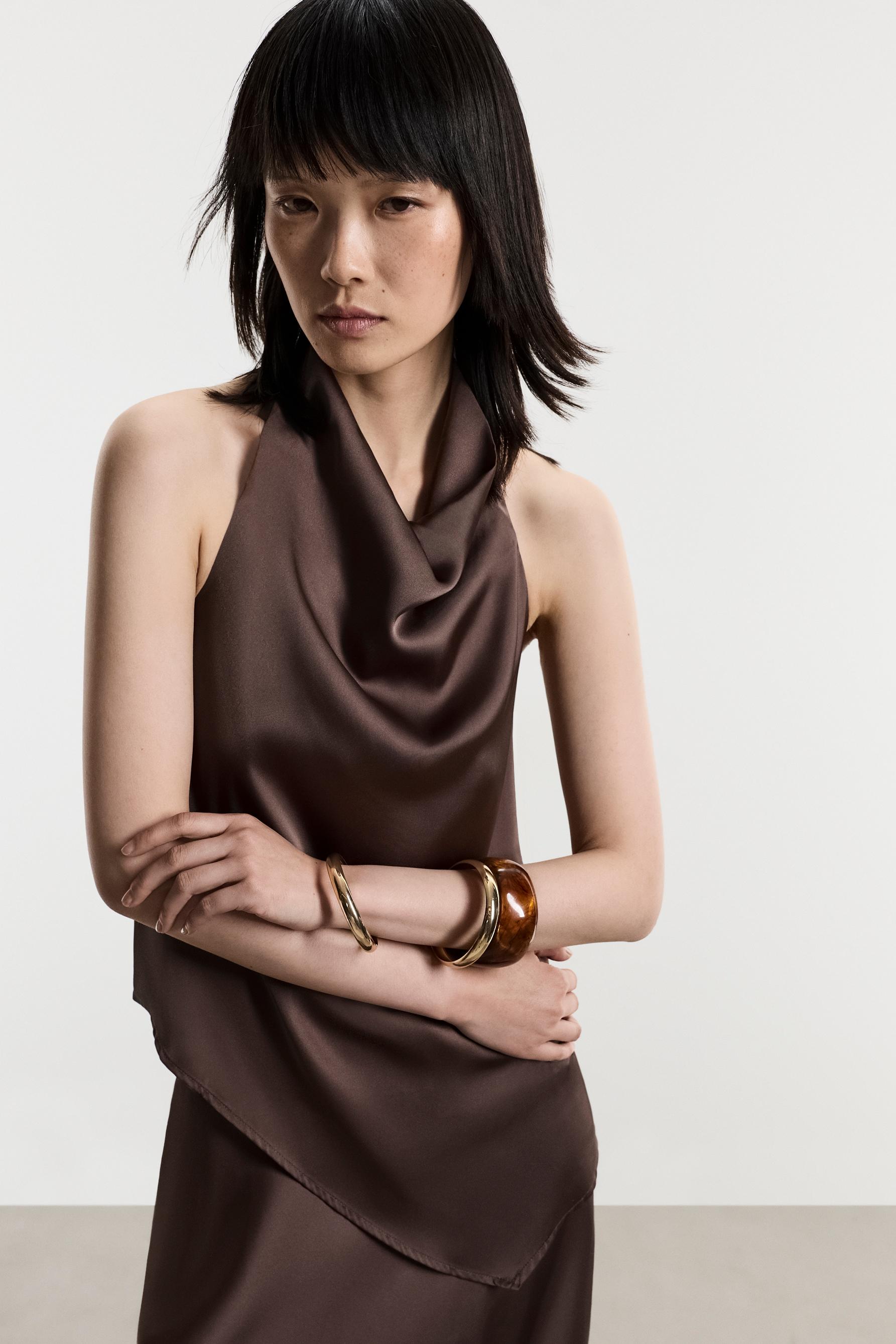 Asymmetric satin top — BROWN