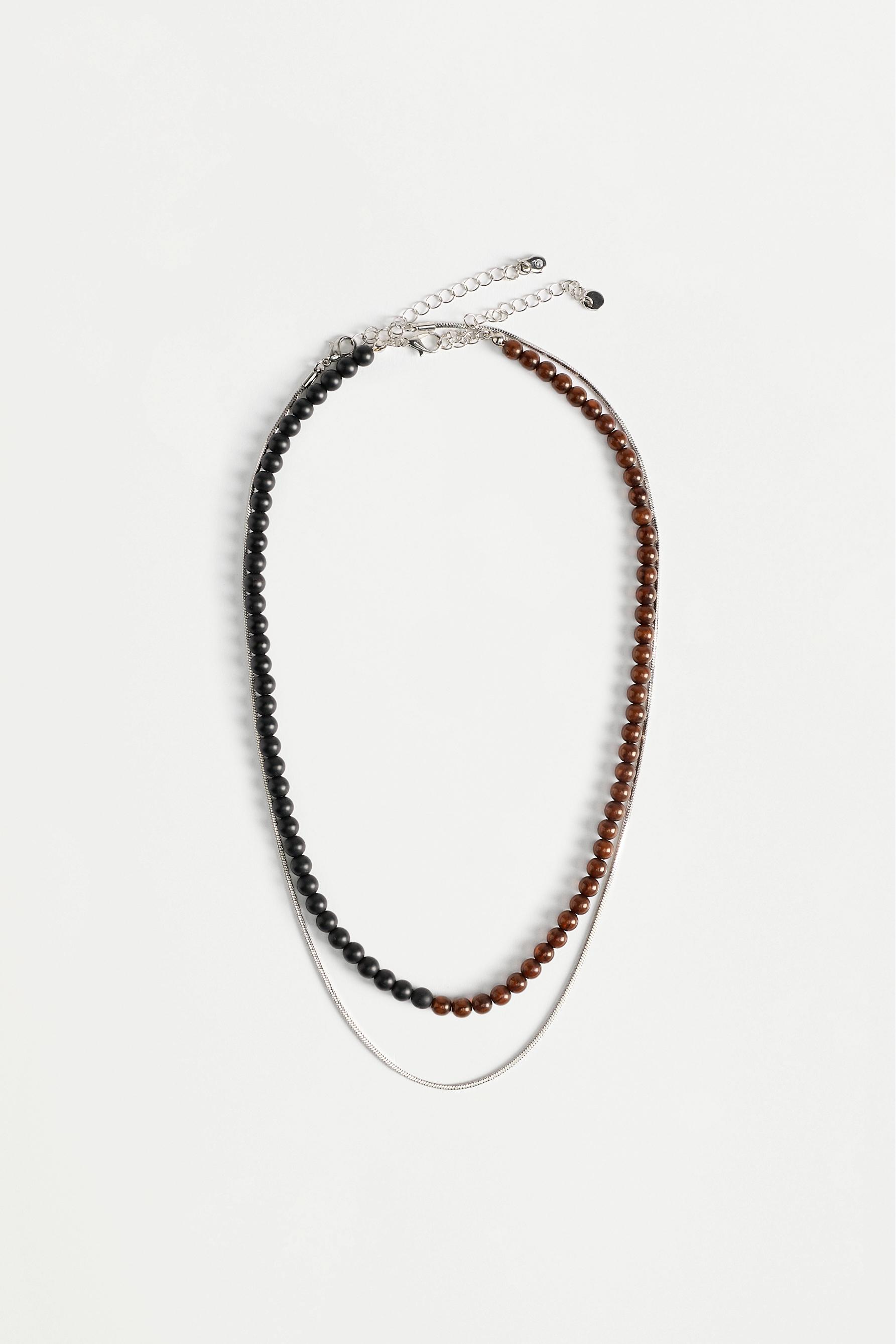 Beaded necklace and chain set — DARK BROWN