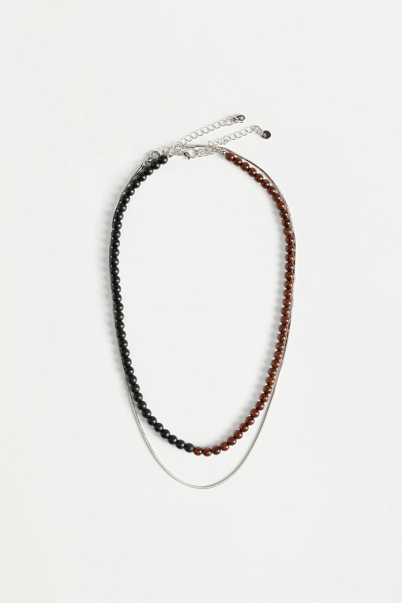 Beaded necklace and chain set — DARK BROWN